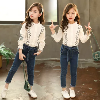 Vaikų Drabužiai Tiktų Rudenį Naujų 2020 m. Vaikų Mergaičių korėjos Stiliaus ilgomis rankovėmis Spausdinti Nėriniai Marškiniai + Džinsai Kelnės 2VNT Rinkiniai