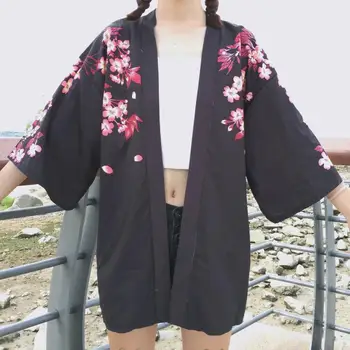 Vasaros Gėlių Japonų Kimono Megztinis Moteriška Palaidinė Moterims Laisvi Marškinėliai Harajuku Jiu Jitsu Kimono Maxi Kawaii Cherry Blossom