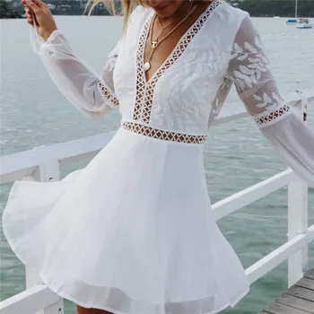 Vasaros Moterų Mados Atsitiktinis Seksualus V-Kaklo, Ilgomis Rankovėmis Apdaila Trumpą Mini Suknelės Baltos Spalvos Nėrinių Vestido Sundress
