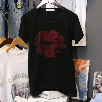 Vasaros Plius Dydis-trumpomis rankovėmis T-shirt moterims 2020 naujas Lūpų spausdinti Karšto Diamond Pusė rankovės Puloveriai juoda prarasti tee moterų topai