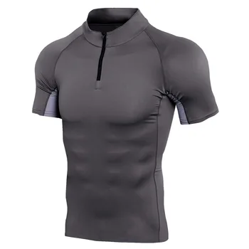 Vasaros vyriški Bėgimo Marškinėliai Stand-up Užtrauktukas Kvėpuojantis T-shirt Quick Dry Suspaudimo Fitneso Salė Spalvotų Jersey Sportinę aprangą