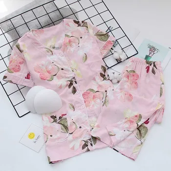 Vasarą Naujų Ponios V-Kaklo Megztinis+Kelnės Pižama Nustatyti Gėlių Spausdinti Moterų Comfrot Sleepwear Minkštas Plonas Homewear Su Krūtinės mygtukai