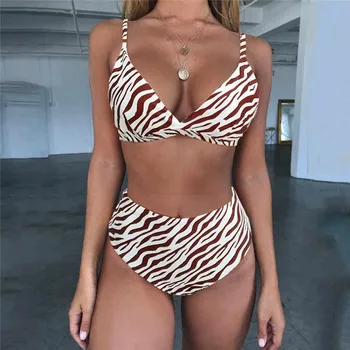 Vasarą Ponios Padalinta Bikini Nustatyti Moterų Zebra Gėlių Spausdinimo Mados Aukštos Juosmens Bikini Maudymosi Kostiumėliai, Dviejų Dalių Komplektas Maudymosi Kostiumas