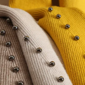 Velniop kaklo Rudens Žiemos Puloveriai Džemperis Moterims pearl storas megztinis mezgimo megztinis ilgomis rankovėmis varpo Pagrindinis Megztinis Jersey Mujer
