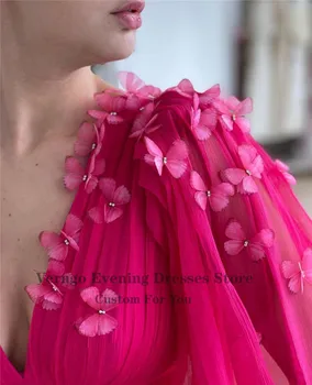Verngo Naujas 2021 Ryškiai Rožinės Spalvos Šifono Prom Dresses Ilgio Sluoksniuotos Rankovėmis Ir V-Kaklo Plyšine Linija, Vakaro Suknelės, Su 3 D Drugelis Gėlės