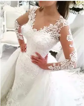 Vestido de noiva Nėrinių Undinė Vestuvių Suknelė, su Nuimamu Sijonu Backless ilgomis Rankovėmis Saudo Arabija Nuotakos Vestuvių Suknelės Dubajus