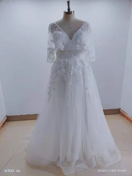 Vestuvinė Suknelė 2021-Line Batwing V-Kaklo Grindų Ilgis Valymo Traukinio Nėrinių Appliques Vestuvinės Suknelės Elegantiškas Backless Puikus Tiulio