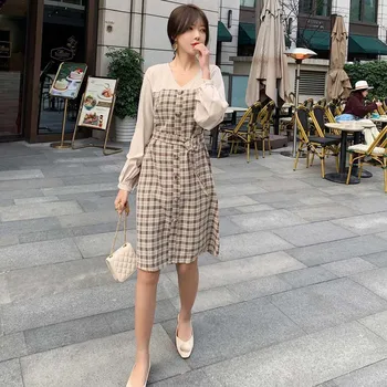 Vientisas Moteris Sujungimas Netikrą Dviem Grotelių Suknelė Office Elegantiškas Korėjos Slim Ilgomis Rankovėmis Suknelės 2021 M. Vasaros Mados Moterų Suknelė