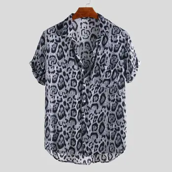 Vyriški Leopardas Spausdinti Marškinėliai trumpomis Rankovėmis Pasukite Žemyn Apykaklės, V-Kaklo Prarasti Viršuje Atsitiktinis Streetwear Negabaritinių Marškinėliai Drabužių