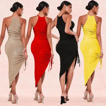 Wantmove seksualus nereguliarus suknelė 2020 naujas 4 spalvos berankovė side ruched nėrinių padalinta bodycon kietas vakare šalis suknelė WM1146