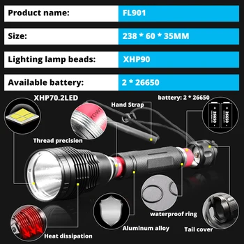XHP70.2 Nardymas flashight 26650 IPX8 Vandeniui Nardymas šviesos nardymo žibinto Lempa lanterna Galingas šviesos Naras