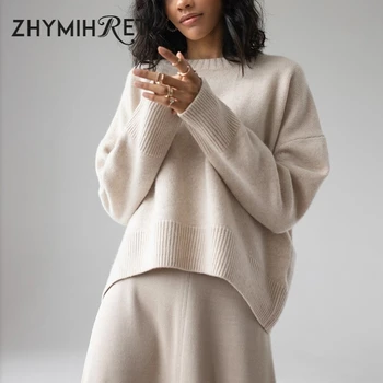 ZHYMIHRET Rudens Žiemos Megztų Megztinių Elegantiškas ilgomis Rankovėmis O Kaklo Džemperis Moterims Atsitiktinis Pagrindinio Traukti Femme 2020 Naujas