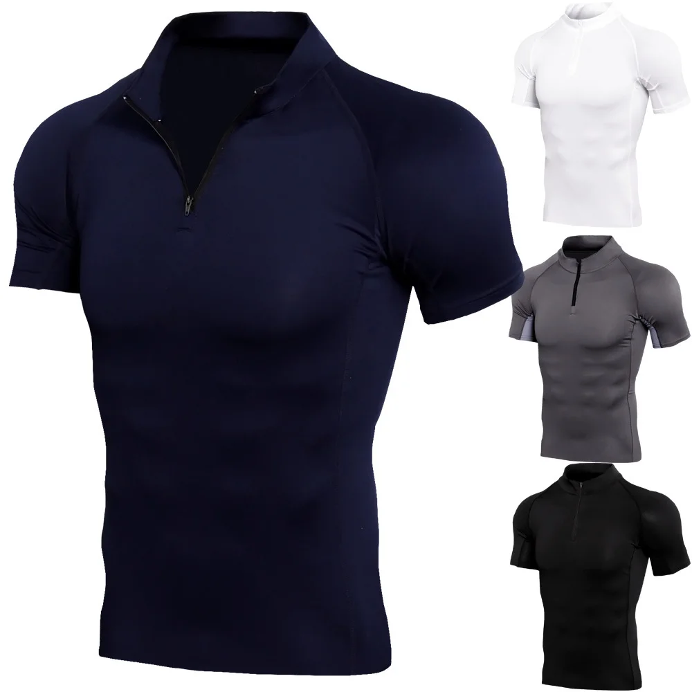 Vasaros vyriški Bėgimo Marškinėliai Stand-up Užtrauktukas Kvėpuojantis T-shirt Quick Dry Suspaudimo Fitneso Salė Spalvotų Jersey Sportinę aprangą