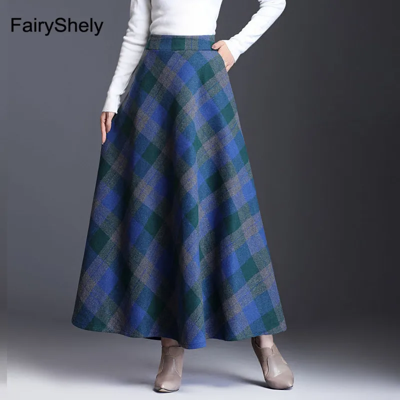 FairyShely 2020 m. Rudens Žiemos Aukšto Juosmens Škotijos Skėtis Maxi Sijonas Moterims Atsitiktinis Kišenėje Anglija Tinklelis Pledas Sijonas Ilgas sijonas
