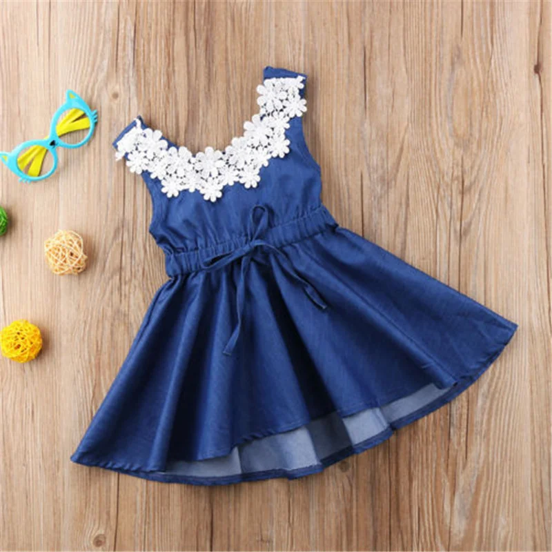 2019 Mados Baby Girl Dress Vasaros Gėlių Nėrinių Rankovių Atsitiktinis Suknelė, Paplūdimio Mėlyna Sundress Vaikus Mergina Drabužių 1-6 Metų