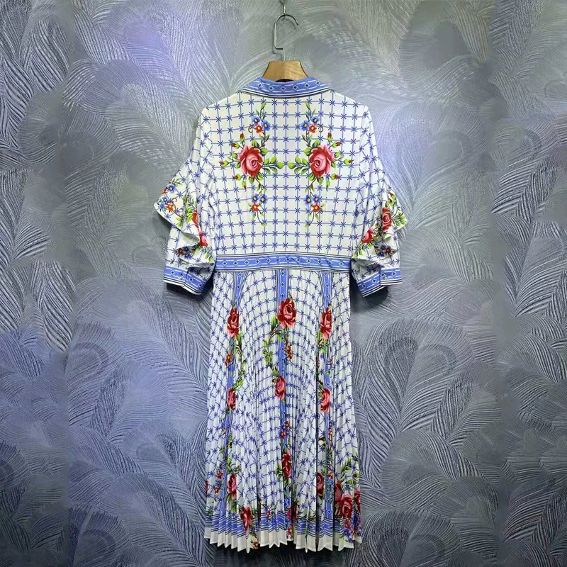 SEQINYY Plisuotos Suknelė Mėlyna Balta Skara Gėlės Spausdinti 2021 M. Vasarą, Pavasarį, Naujų Mados Dizaino Moterų kilimo ir tūpimo Tako Aukštos Kokybės Nėriniai