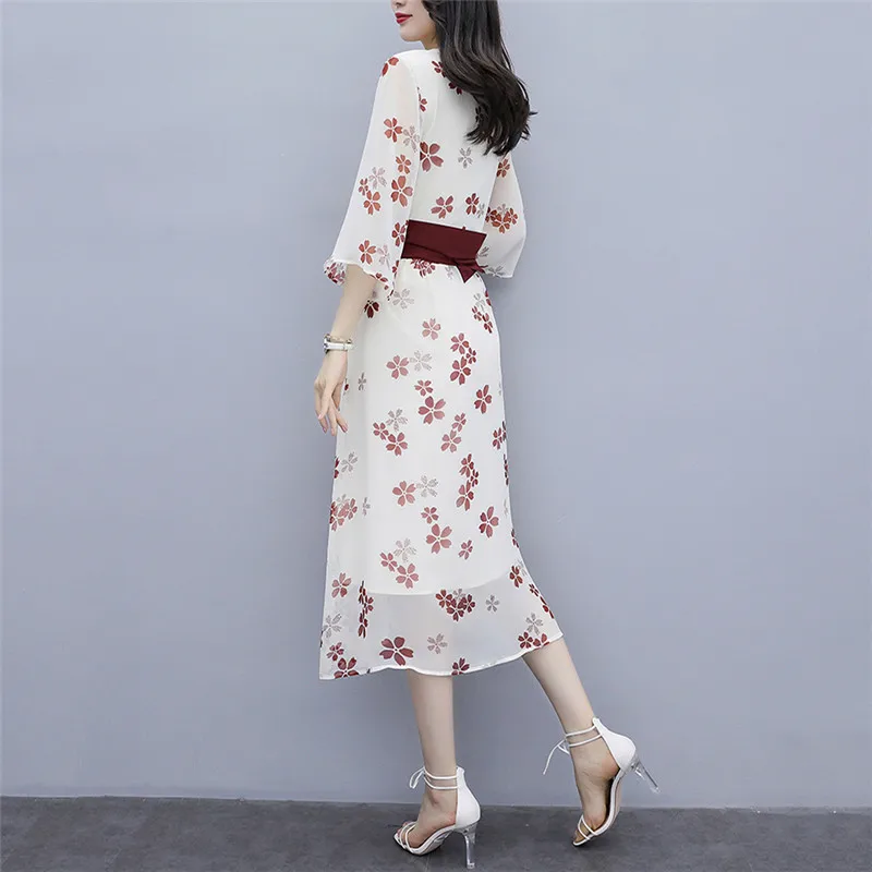 Gėlių šifono v neck slim suknelė moterims abrikosų balta 2020 metų vasaros naują korėjos mados diržas aukšto juosmens pasakų suknelės feminina LR785