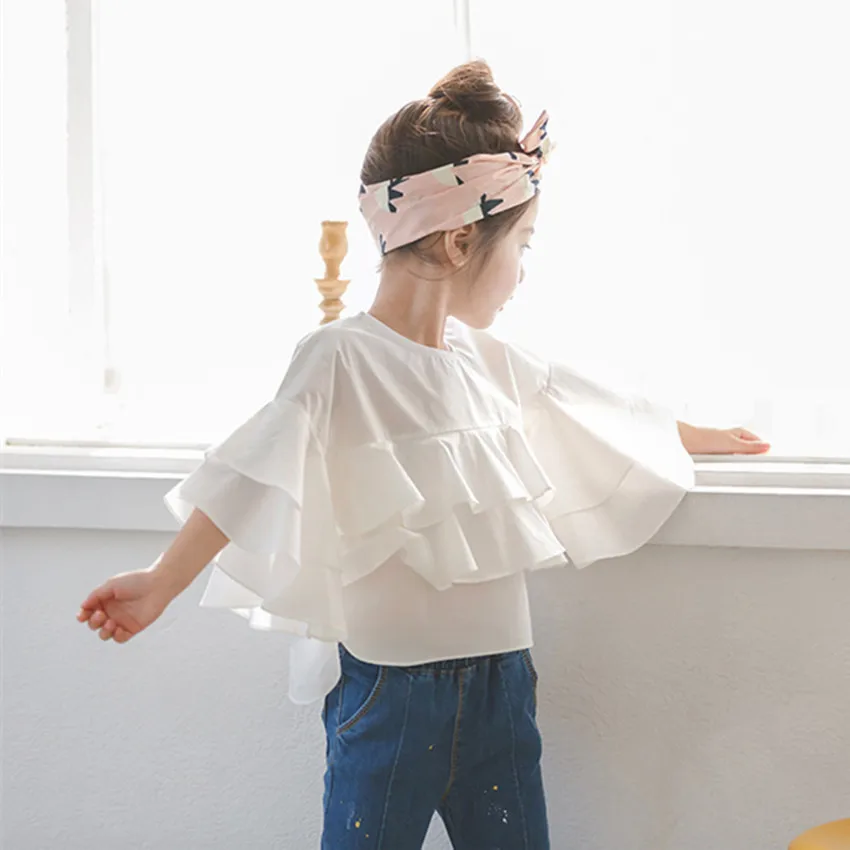 Pavasarį naują 2019 mergina lėlės marškinėliai korėjos plokštė gryna spalva ragų rankovės mergaitė princesė marškiniai, vaikiški drabužiai mergaitėms nuo 8 iki 12