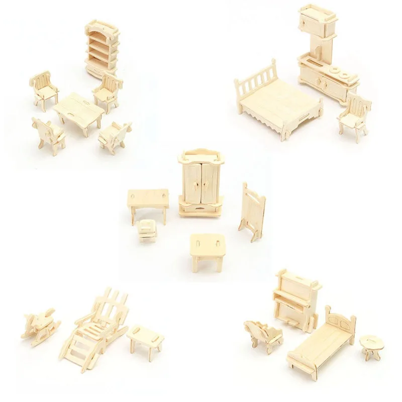 34Pcs/Set 3D Mediniai Miniatiūriniai Lėlių namelio Baldai, Modelis Mini Dėlionės, Mediniai Žaislai Vaikams Pretent 