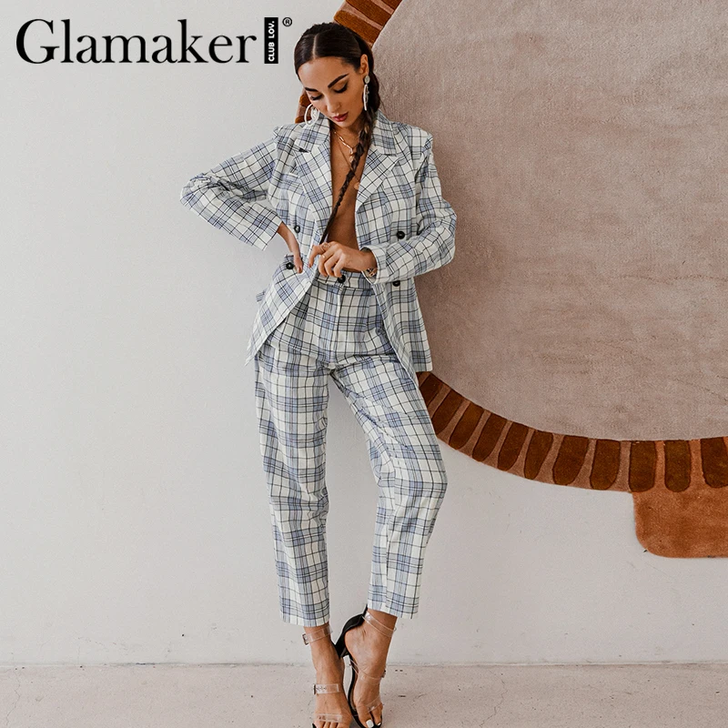 Glamaker Pledas spausdinti švarkas ir kelnės Office ponios rinkiniai Elegantiškas 2 dalių kostiumą kišenėje prašmatnus žiemą, rudenį, tiktų ir Moterims rinkiniai 2020 m.