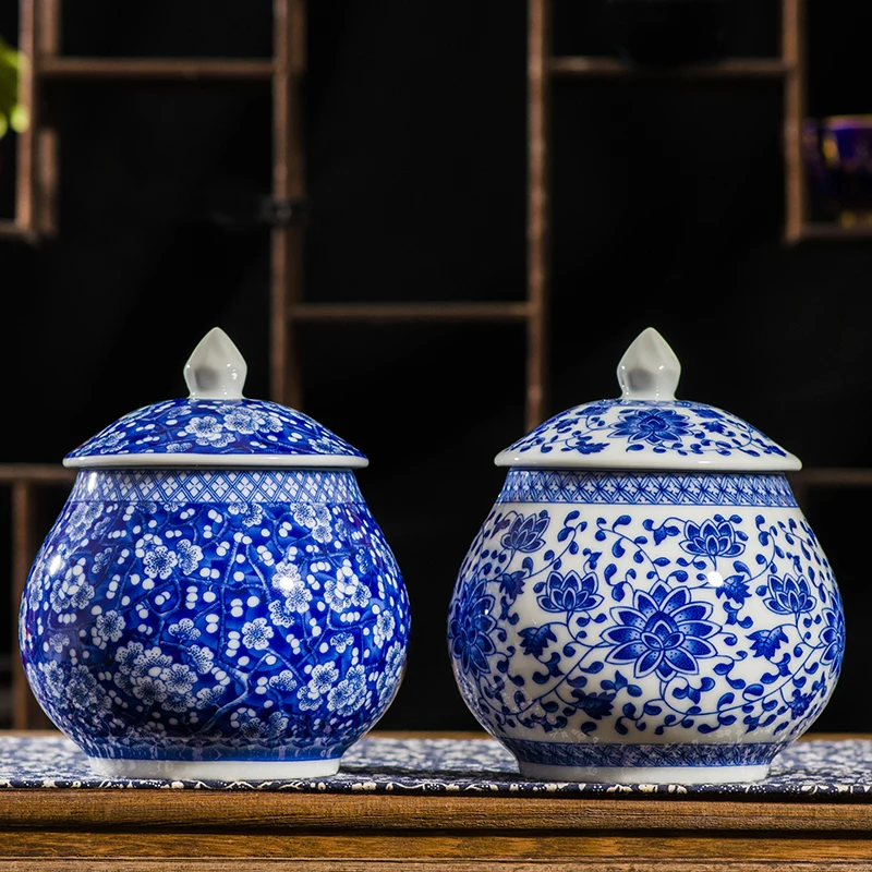 Tradicinės Kinų Stiliaus Klasikinis Jingdezhen 250gTea Caddy Lauke Balta ir Mėlyna Porceliano Uždaromos Kung Fu Arbatos Jar Saugojimo Talpyklą