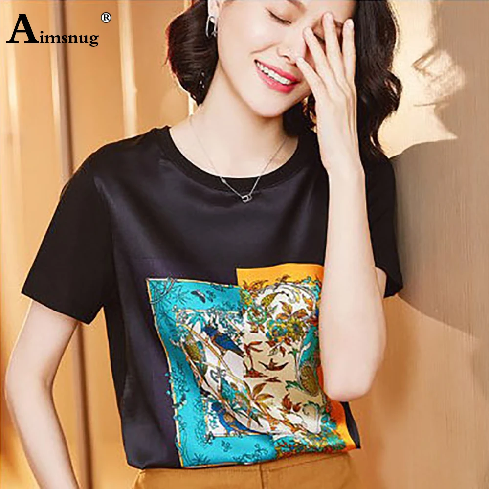 Aimsnug Moterų Viršūnių Elegantiškas Spausdinti Šilko Imitacijos marškinėliai trumpomis Rankovėmis Azijos Apvalios Kaklo 2020 Metų Vasaros Naują Moterų Atsitiktinis Marškinėliai Femme