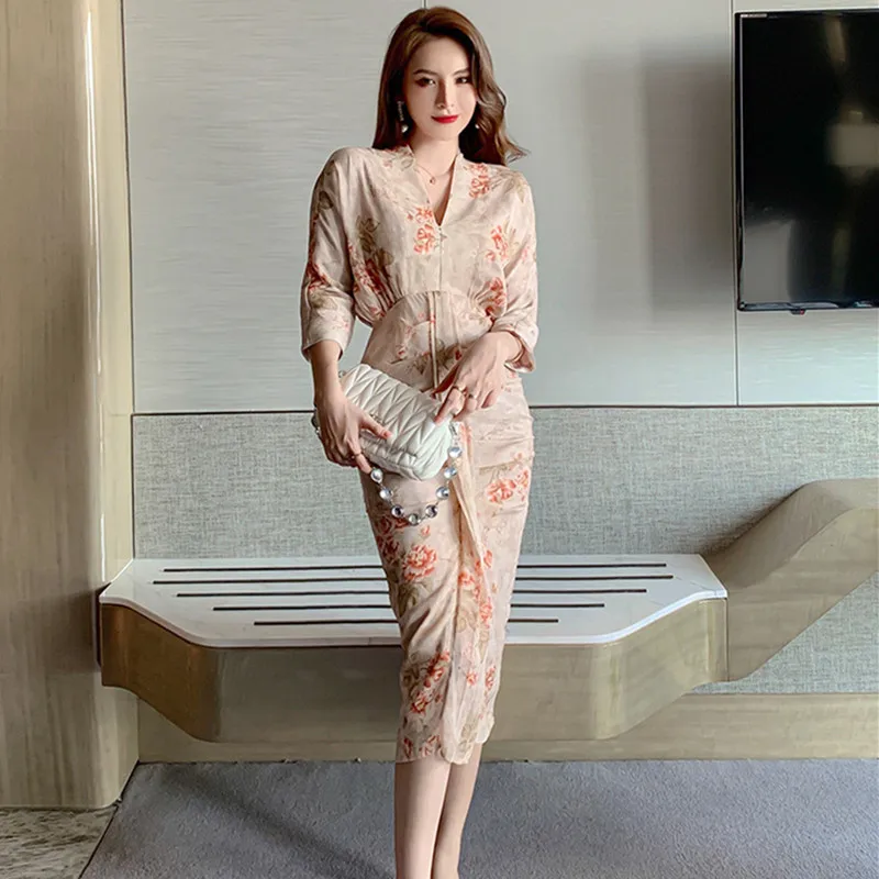 2020 Naujas Long Sleeve V-kaklo Apvalkalas Moterų Midi Spausdinti Gėlių Šifono Suknelė Atsitiktinis Elegantiškas korėjos Stiliaus Rudens Žiemos Vestido