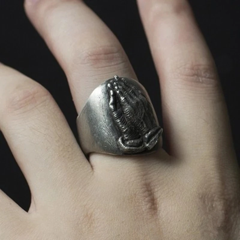Unikalus Vyrų Nerūdijančio Plieno Sidabro Spalvos Žiedas, Dvi Rankas Maldos Žiedas vyriški Papuošalai Šalis