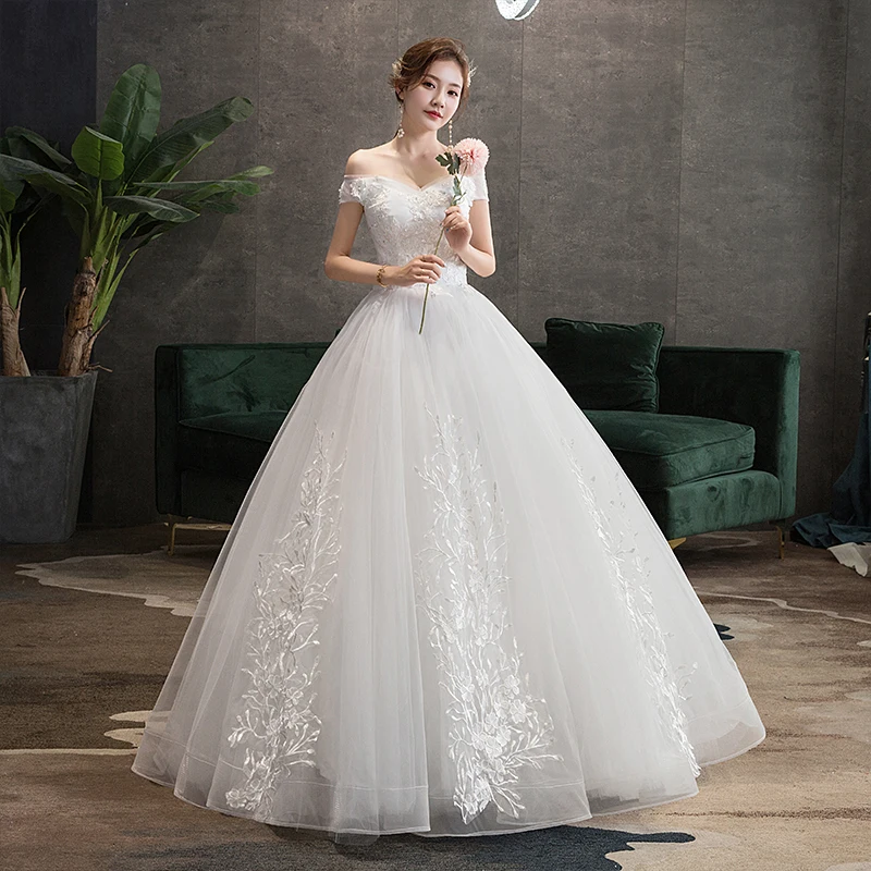 2021 Naujas Elegantiškas Valtis Kaklo Trumpomis Rankovėmis, Paprastas Vestuvių Suknelė Nėriniai Siuvinėjimo China Plius Sizebride Suknelė Vestidos De Noiva L