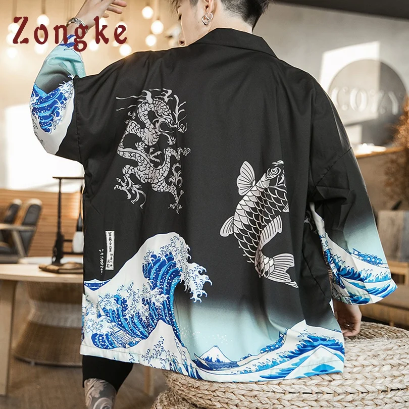 Zongke Bangos Juodas Kimono Vyrų Japonų Kimono Megztinis Harajuku Kimono Marškinėliai Vyrams Streetwear Havajų Marškinėliai Vyrams 5XL 2021 Naujas