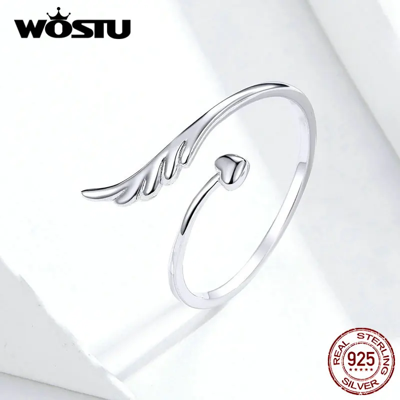 WOSTU 925 Sterling Silver Angel Wing Širdies Žiedas Reguliuojamas Piršto Atviro Žiedai Moterų Dalyvavimas Vestuvių Papuošalai Dovanos BKR567