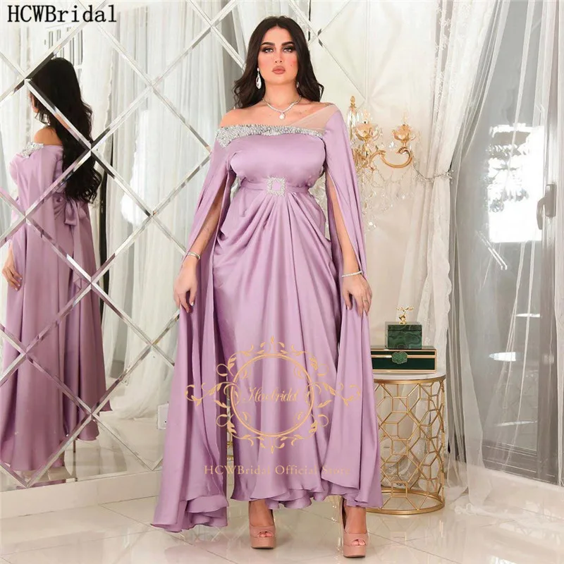 Levandų Saudo Arabų Ilgomis Rankovėmis Vakarinę Suknelę Nuo Peties Granulių Satin Ilgos Oficialią Suknelės, Plius Dydis Moterų Prom Chalatai