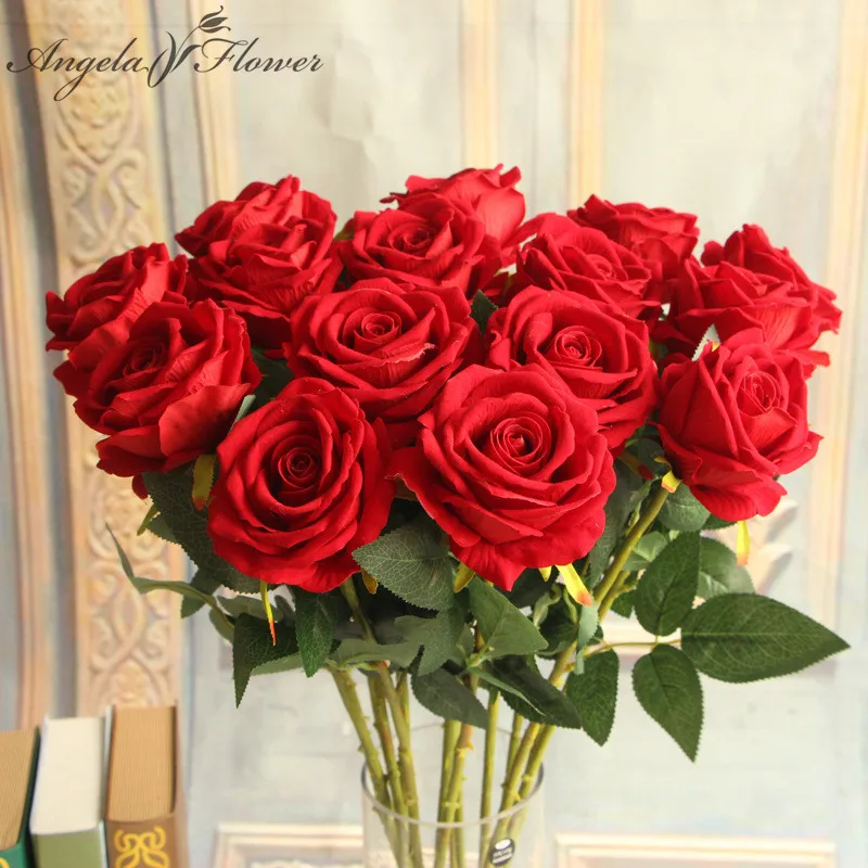 Viešbutis 6pcs dirbtinės gėlės vieno rose filialas dekoro namų stalo kambario vestuvių gėlių kompozicijų medžiagų Valentino diena dovana