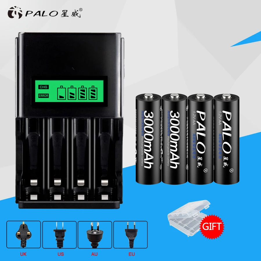 PALO 4pcs AA 3000mAh įkraunamas baterijas + 
