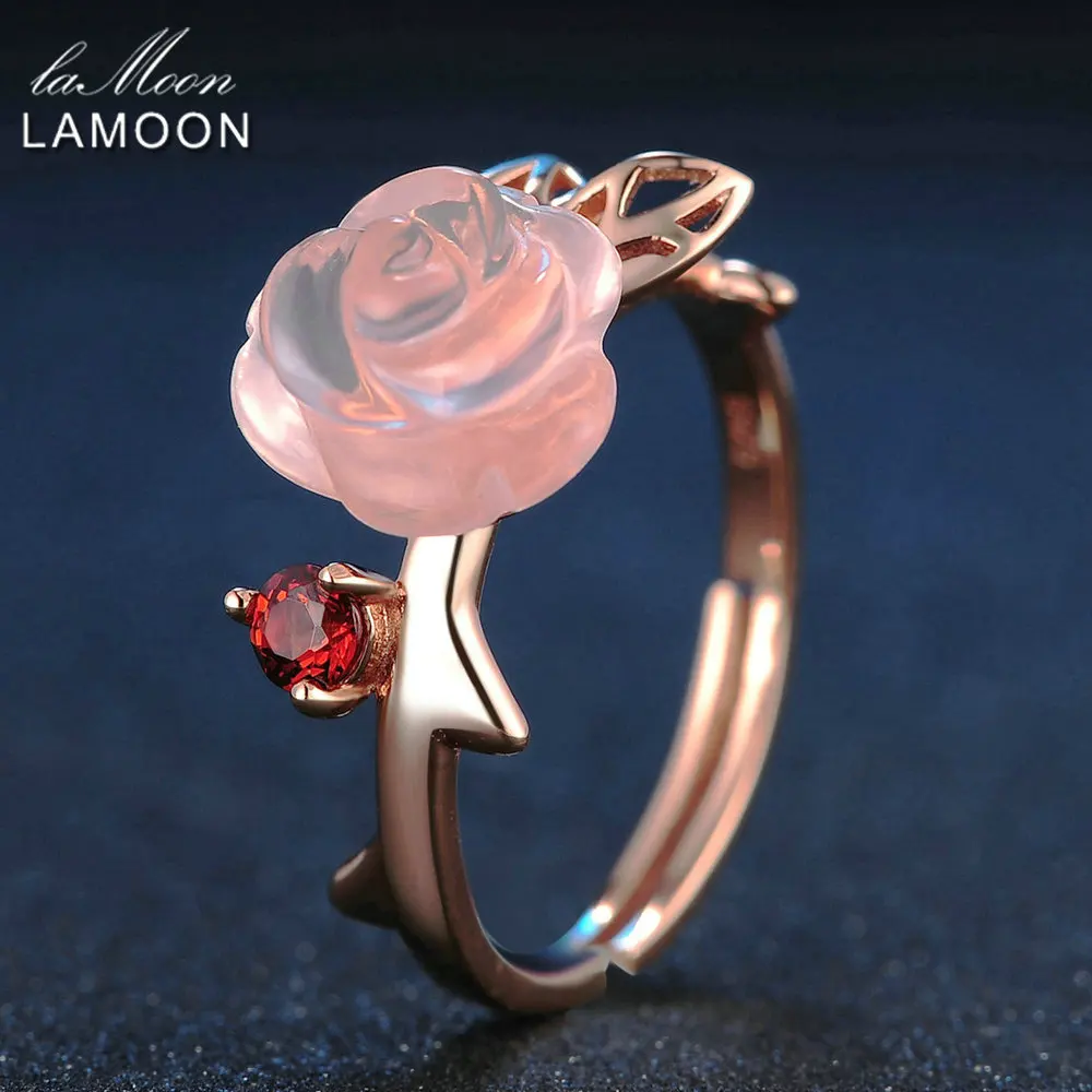 LAMOON FlowerRose Gamtos Pink Rose Kvarco pagaminti su 925 Sterlingas Sidabro Juvelyriniai Papuošalai, Nustatykite V033-1