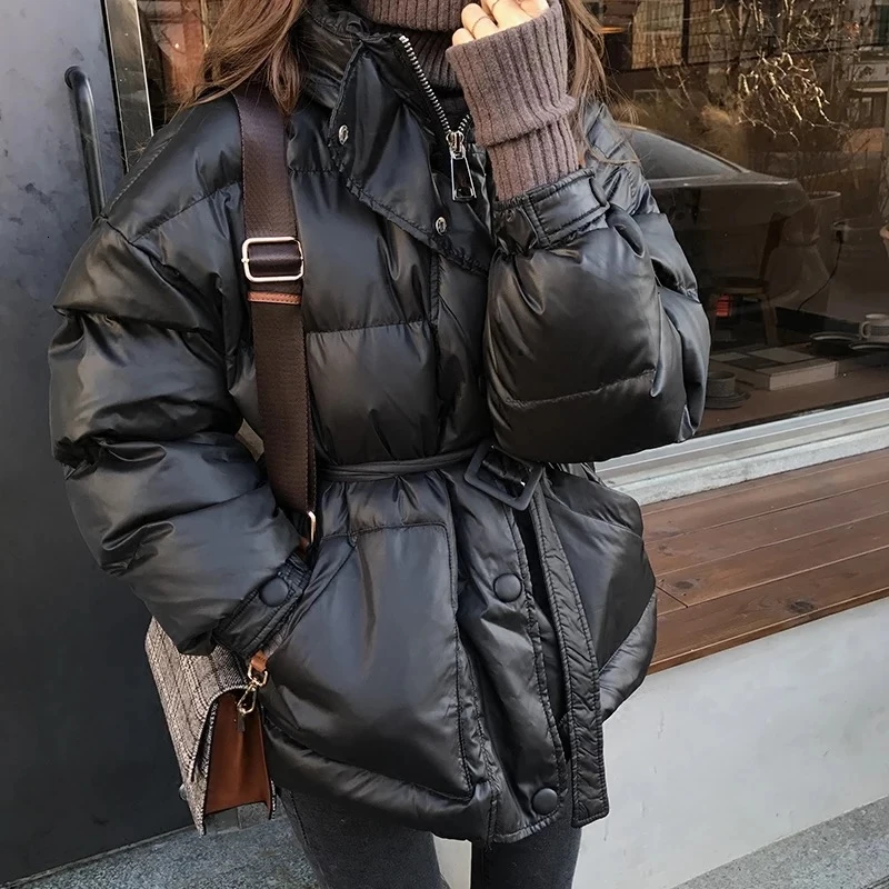 Moteris žiemos paltai 2019 stora šilta striukė juosmens žemyn medvilnė paminkštinimas moterų parko prarasti striukė outwear juoda striukė su diržu M19
