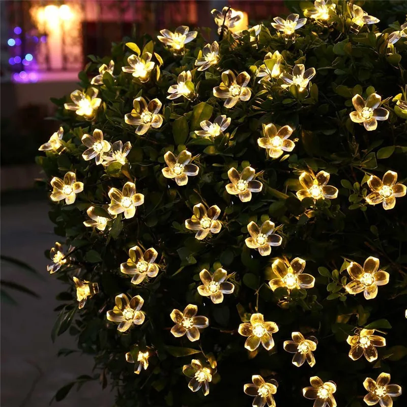 Naujas 50 LED 7M Persikų, Gėlių Saulės Lempos Galios LED String Pasakų Žibintai Saulės Girliandas Sodo Namus Kalėdų Dekoro Lauko
