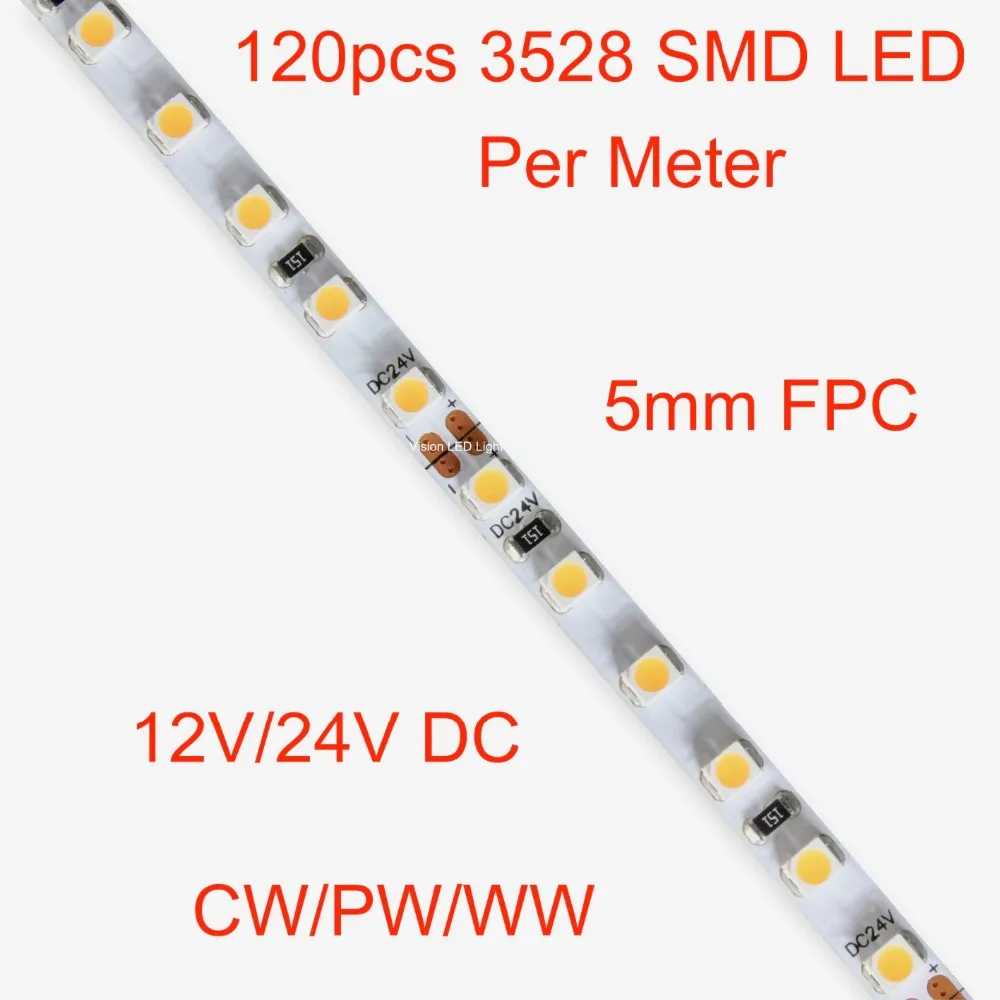 5mm FPC, Slim lanksti SMD LED juostelė šviesos, 120pcs 3528/ 3014/ 2835 SMD led metrui, DC 12V/ 24V, 5m roll/daug