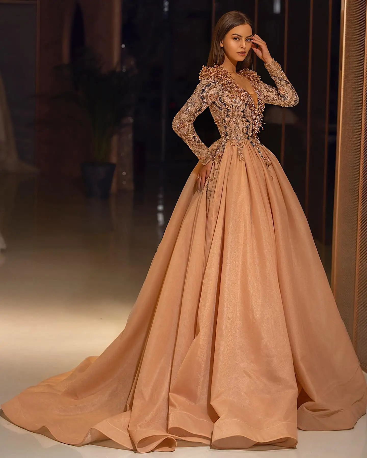 Akių Gaudyti Šampano Puošnios vakarinės Suknelės 2021 Nėrinių Crystal-line Ilgai Nuotakos Prom Dresses Visą Rankovėmis Šalis Suknelė