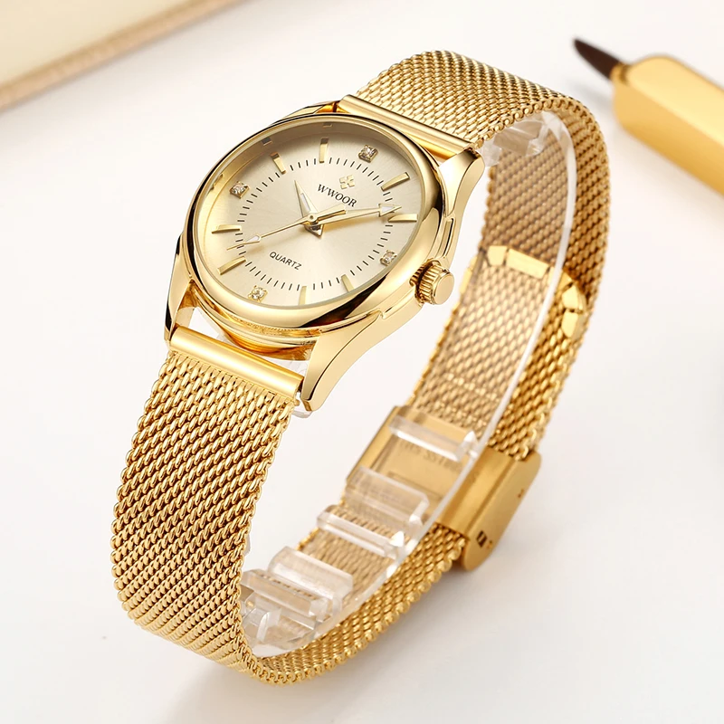WWOOR Prabangos Prekės ženklo Suknelė Aukso Žiūrėti Ponios Elegantiškas Diamond Mažas Kvarciniai Rankiniai Laikrodžiai Moterims Plieno Tinklelio, Laikrodis zegarek damski