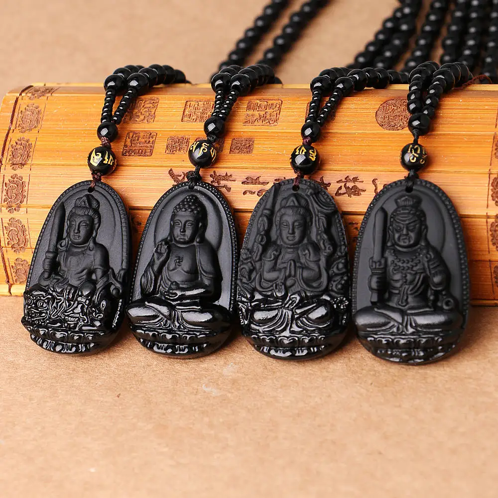 Natūralus Juodas Obsidianas, Išraižytas Buda Amuletas Nepriklausomo Pasisekė, Obsidianas Karoliai Vyrams Poros Meilės Juoda Reiki Žavesio Vilkas Galvos Dovana