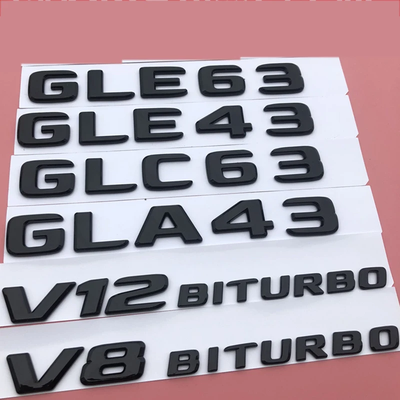 Blizgus Juodas GLA GLC GLE 43 63 V8 V12 BITURBO Raidžių Logotipas Ženklelis Kamieno Logotipą, Automobilių Refitting Lipdukas Grotelės Mercedes Benz