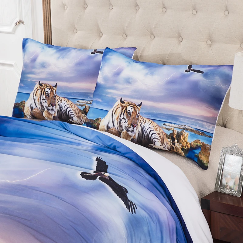 2/3PCS Guli Tigras LioneComforter Patalynės Komplektai Paplūdimio tigras Antklode Padengti Nustatyti, Mėlyna Lova Padengti 3D, Antklodės, Patalyne, Karalienė, Karalius