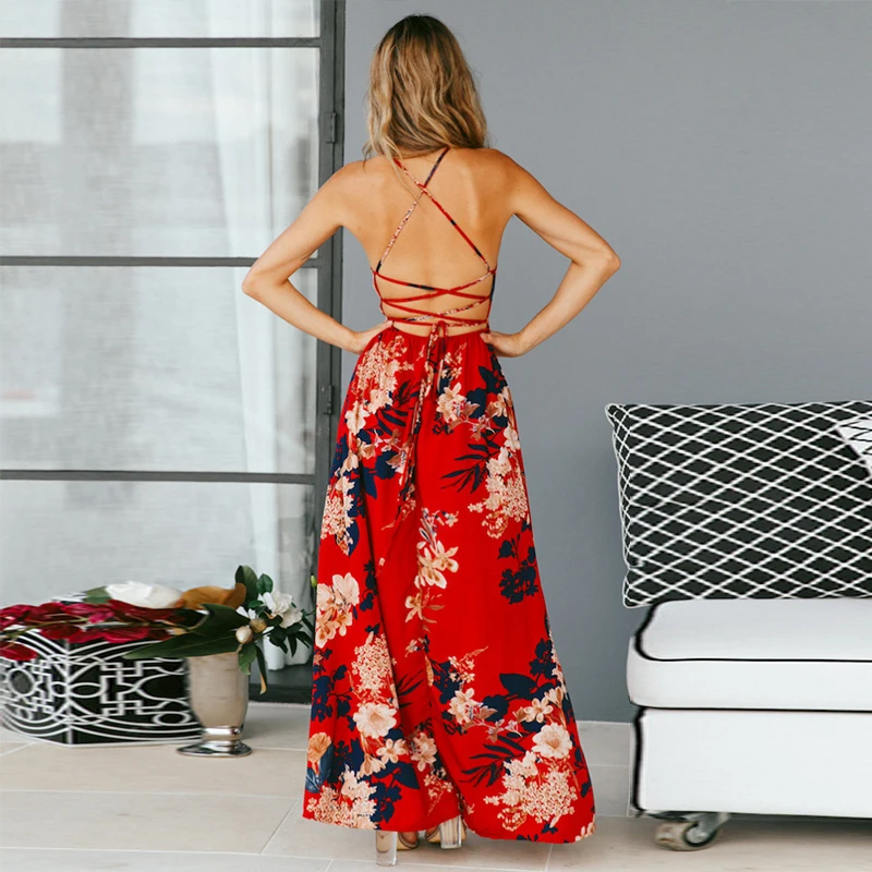 Paryžiaus Mergina Raudonos Spalvos Gėlių Spausdinti Sexy Nėrinių V Kaklo Moterų Maxi Suknelės Vasarai Padalinta Backless Paplūdimio Ilgai Vestidos Boho Suknelė