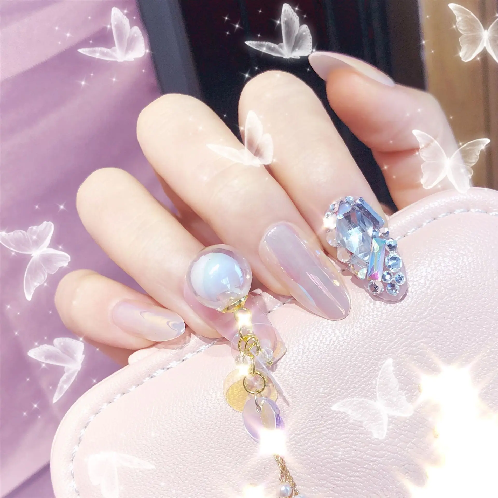 Princesė stiliaus grynos spalvos su crystal ball 3d dekoruotas netikras nagai lady visą nagų patarimai Nuotaka netikrus nagus, su klijais Sailor moon
