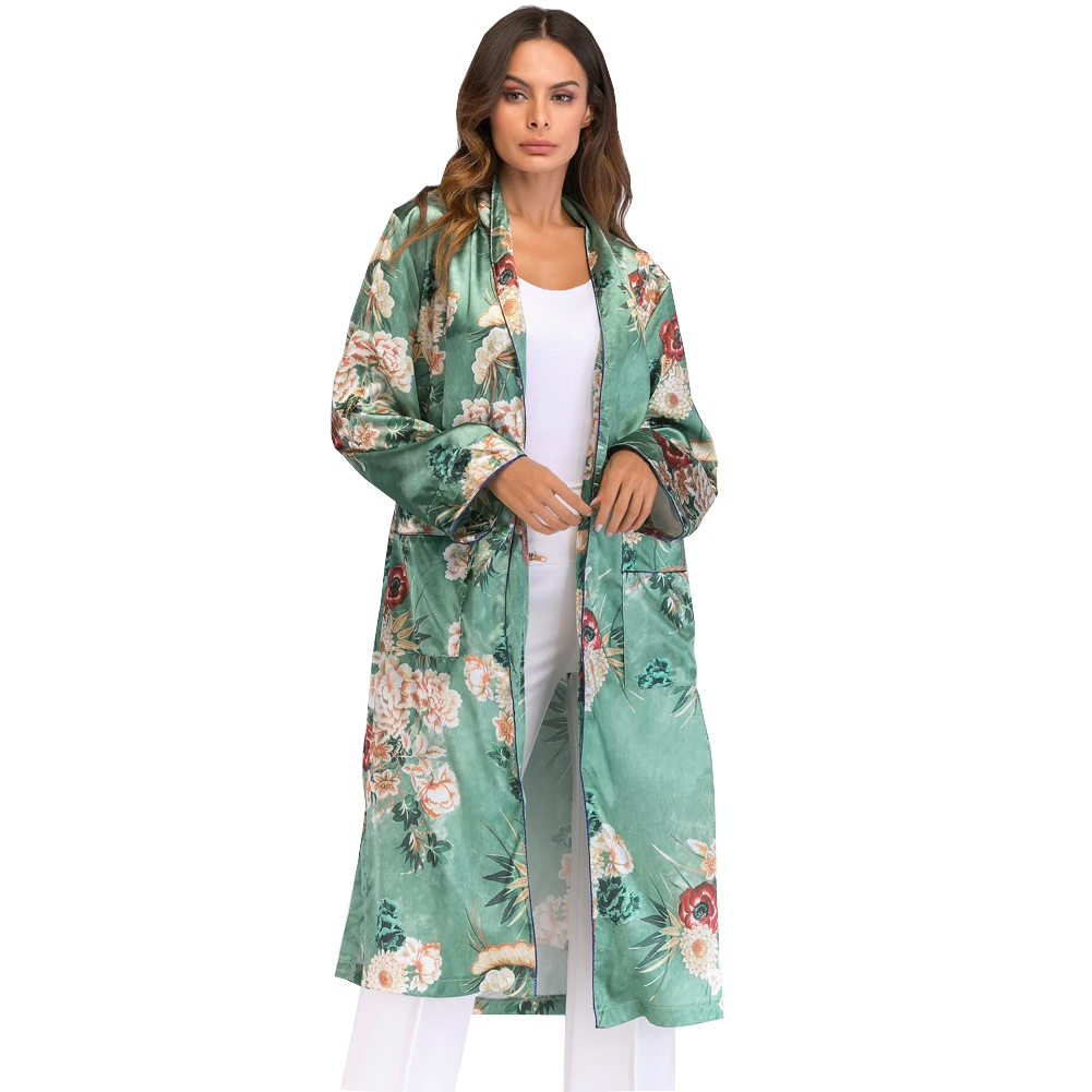 2020 M. Moteris Naujų Senovinių Gėlių Spausdinti Ilgomis Rankovėmis Ilgai Dizaino Kimono Megztinis Maxi Skara Viršūnių, Su Diržu, Retro Palto, Žalia
