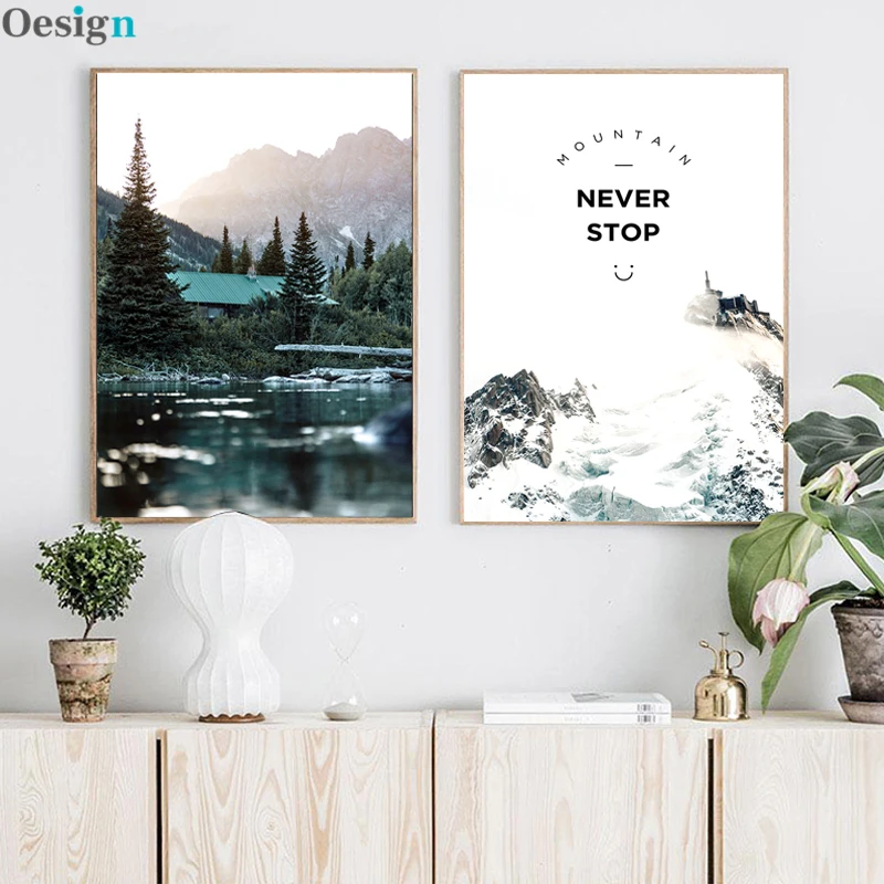 Pinturas de montanha de neve na parede, lago, floresta, casa, posteres e impressões, imagem para decoração de sala de estar, pin