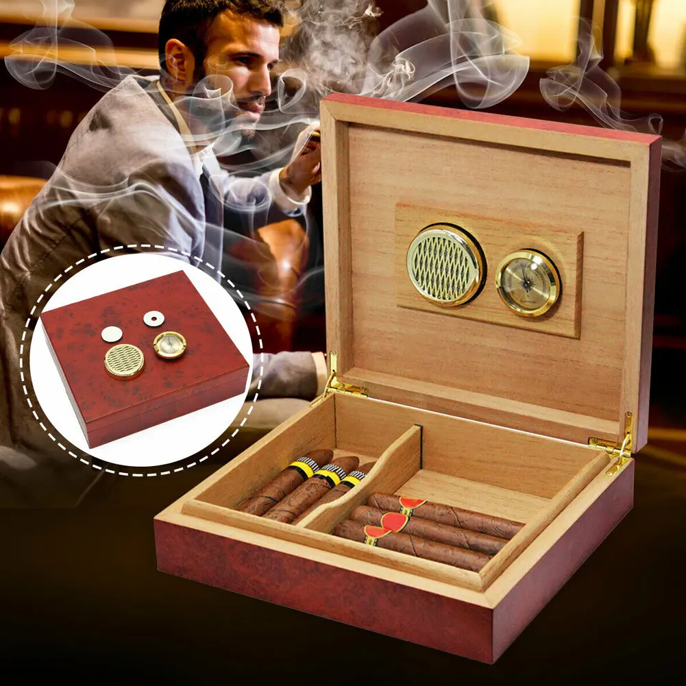 Kedro Medžio Liniuotas Cigarų Humidoras Saugojimo Bylos Dėžutė su Drėkintuvas Drėgmėmačiu HYD88