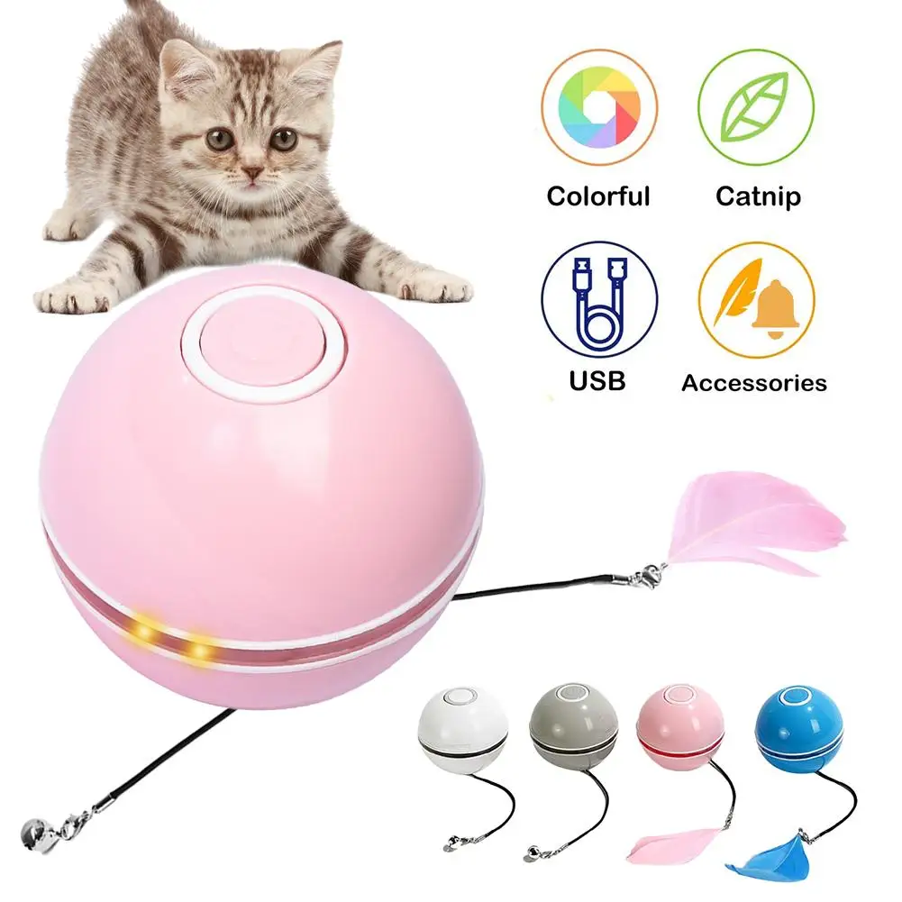 Protingas Katinas Interaktyvus Žaislas Kamuolys USB Spalvinga LED Šviesos Savarankiškai Sukasi Kamuolys Su Katžolių Augintinio, Žaisti Nuimamas Bell Plunksnų Žaislas