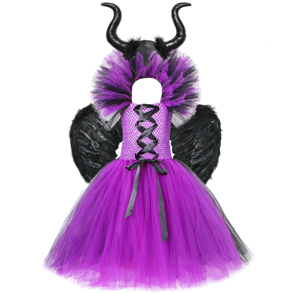 Maleficent Kostiumas Mergaitėms, Vaikams Helovinas Ilgai Tutu Sukneles Blogio Karalienė Ragana Dress Up Kostiumai Vaikams, Apranga Ragų Sparnus